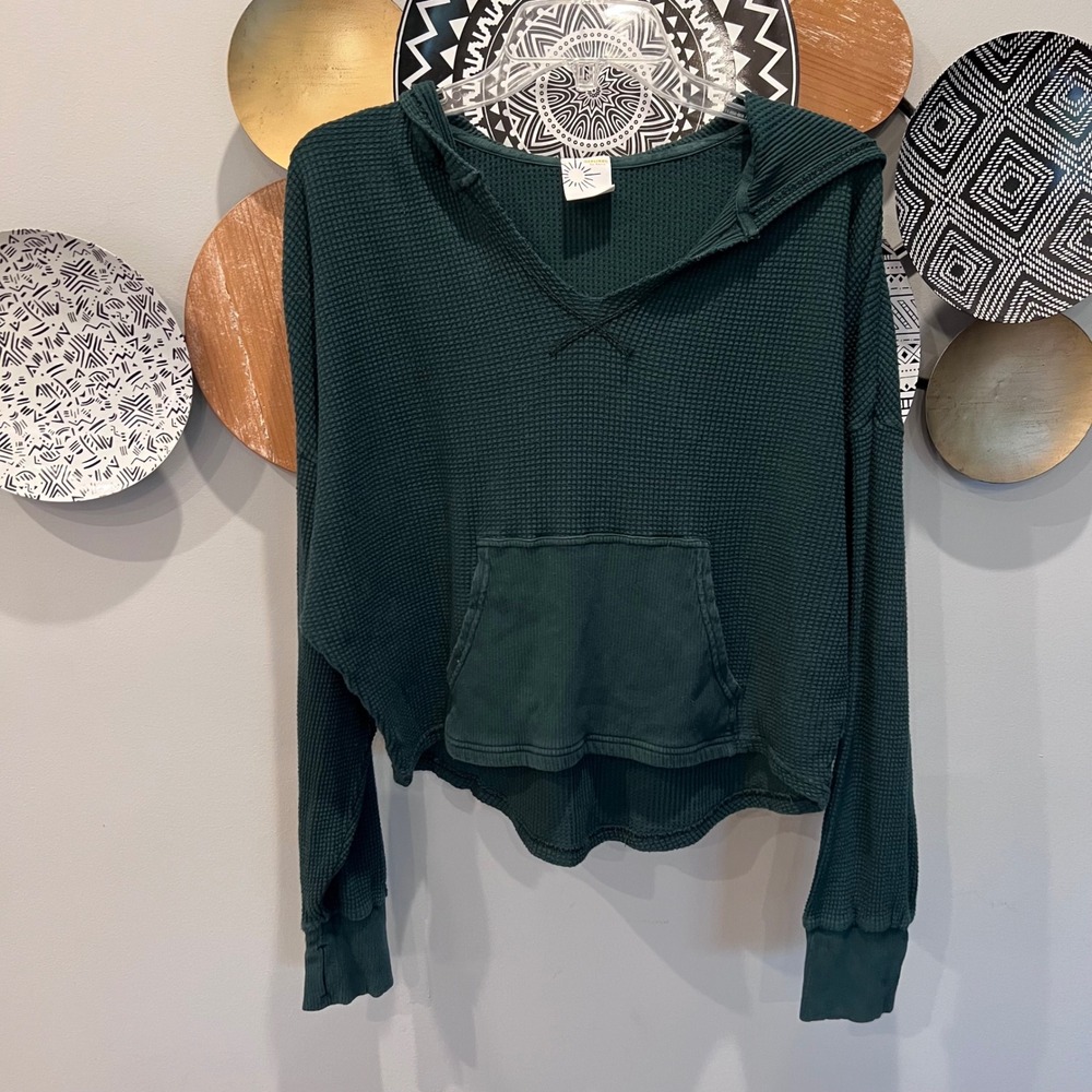 OFFLINE by Aerie Womens Waffle Knit Cropped Hoodie Forest Green Small Thumbholes